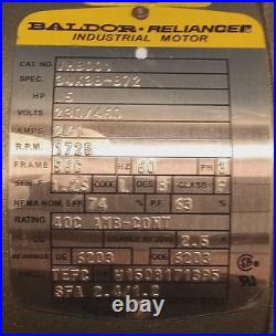 Baldor Industrial Motor Ph 3.5 HP 230/40v 2/1a 1752 RPM F 56c Vm8001