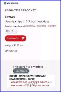 New Holland 2200h Header Auger Drive 9801152 86640735 50T sprocket Taper Spline